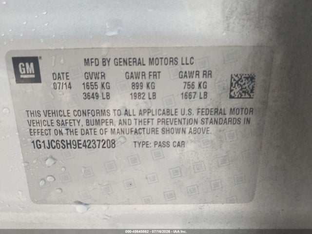 45645562 :رقم المزاد ، 1G1JC6SH9E4237208 vin ، 2014 Chevrolet Sonic Lt Auto مزاد بيع