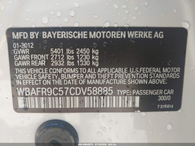 Aukcja sprzedaży 2012 Bmw 550i, vin: WBAFR9C57CDV58885, numer aukcji: 45645570