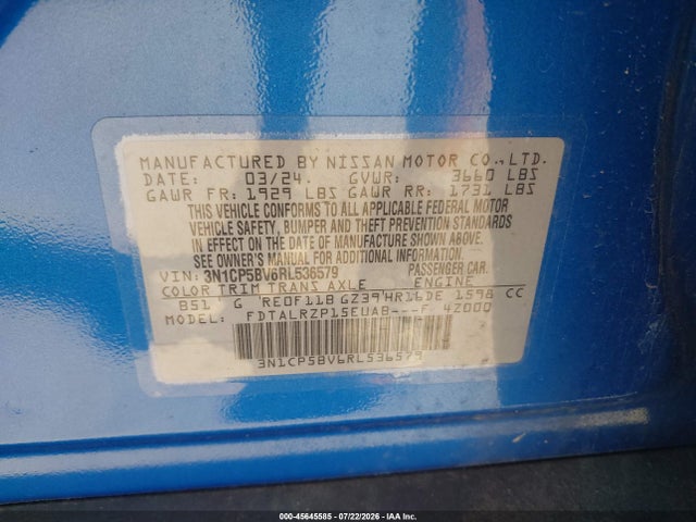 Aukcja sprzedaży 2024 Nissan Kicks S Xtronic Cvt, vin: 3N1CP5BV6RL536579, numer aukcji: 45645585