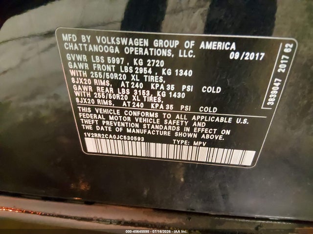 1V2RR2CA0JC530593 Volkswagen Atlas 3.6l V6 Sel