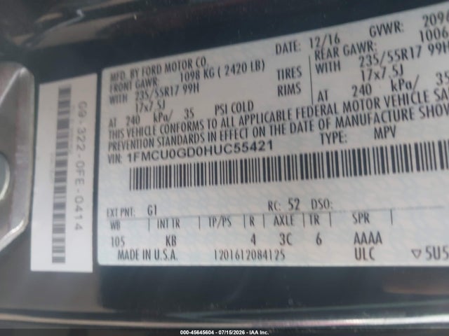Ford ESCAPE SE 2017 1FMCU0GD0HUC55421 Image 9