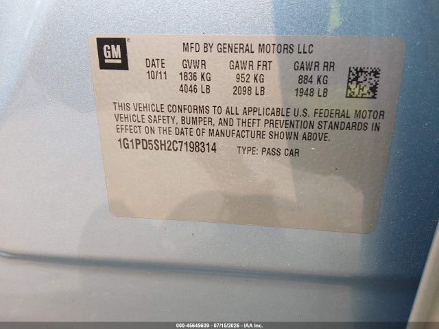 Auction sale of the 2012 Chevrolet Cruze Ls, vin: 1G1PD5SH2C7198314, lot number: 45645609
