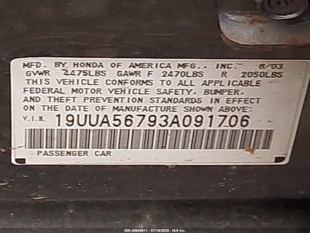 Aukcja sprzedaży 2003 Acura Tl 3.2, vin: 19UUA56793A091706, numer aukcji: 45645611
