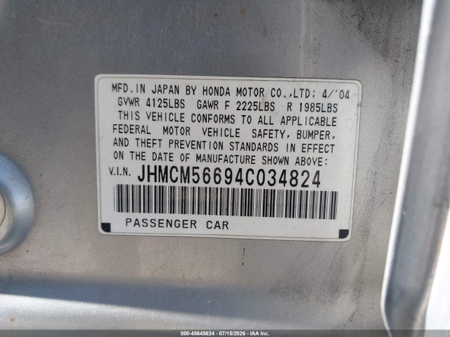 45645624 :رقم المزاد ، JHMCM56694C034824 vin ، 2004 Honda Accord 2.4 Ex مزاد بيع