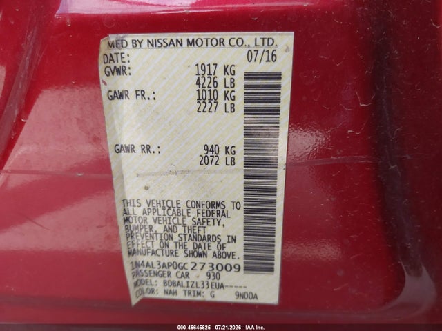 45645625 :رقم المزاد ، 1N4AL3AP0GC273009 vin ، 2016 Nissan Altima 2.5 Sv مزاد بيع
