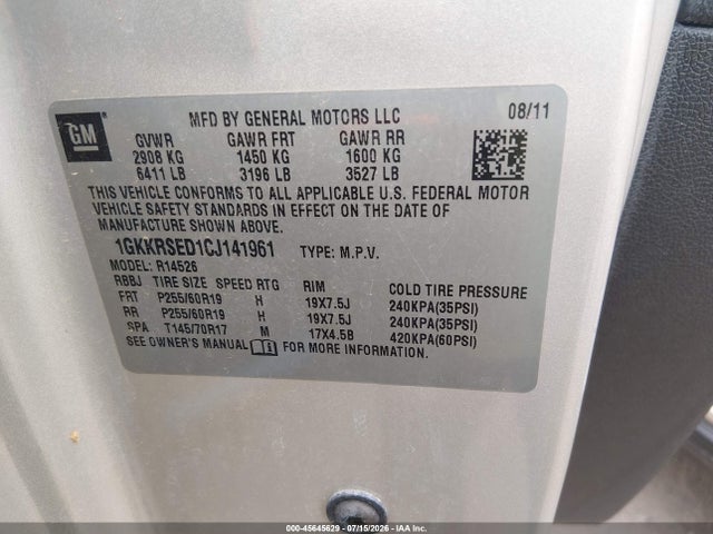 2012 Gmc Acadia Slt-2 მანქანა იყიდება აუქციონზე, vin: 1GKKRSED1CJ141961, აუქციონის ნომერი: 45645629