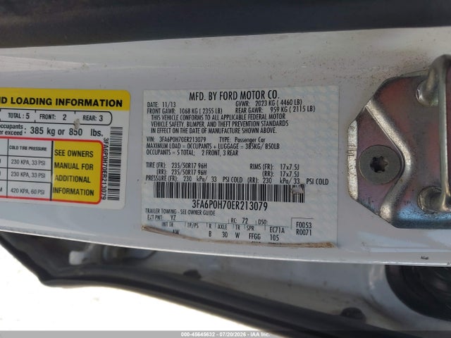 Aukcja sprzedaży 2014 Ford Fusion Se, vin: 3FA6P0H70ER213079, numer aukcji: 45645632