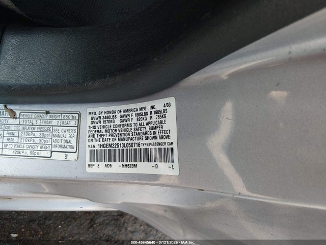 45645640 :رقم المزاد ، 1HGEM22513L050716 vin ، 2003 Honda Civic Lx مزاد بيع