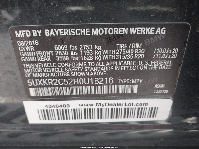 Продажа на аукционе авто 2017 Bmw X5 Sdrive35i, vin: 5UXKR2C52H0U18216, номер лота: 45645642