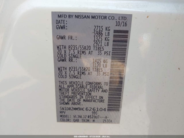 5N1DR2MM9HC626104 Nissan Pathfinder Platinum
