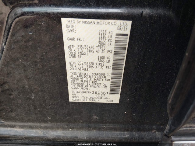 45645677 :رقم المزاد ، 5N1AZ2MG2FN261361 vin ، 2015 Nissan Murano Platinum مزاد بيع