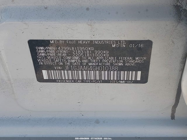 2016 Subaru Impreza 2.0i მანქანა იყიდება აუქციონზე, vin: JF1GJAA64GH010388, აუქციონის ნომერი: 45645686