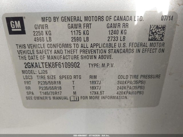 Aukcja sprzedaży 2015 Gmc Terrain Slt-2, vin: 2GKALTEK8F6109902, numer aukcji: 45645687
