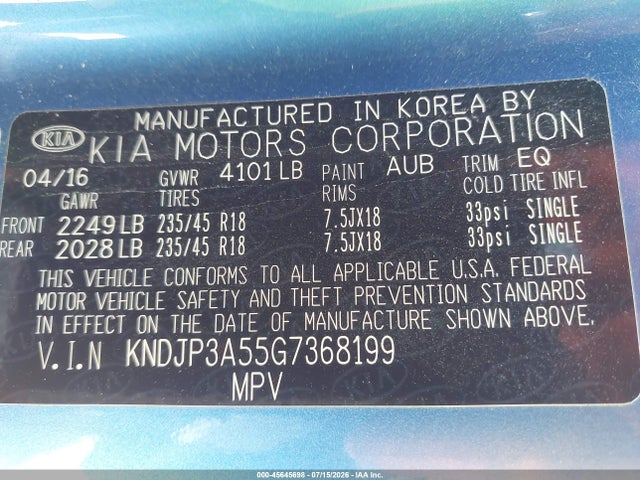 KIA SOUL + 2016 KNDJP3A55G7368199 Image 9