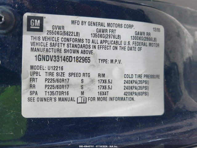 Продаж на аукціоні авто 2006 Chevrolet Uplander Lt W/3lt, vin: 1GNDV33146D182965, номер лоту: 45645701