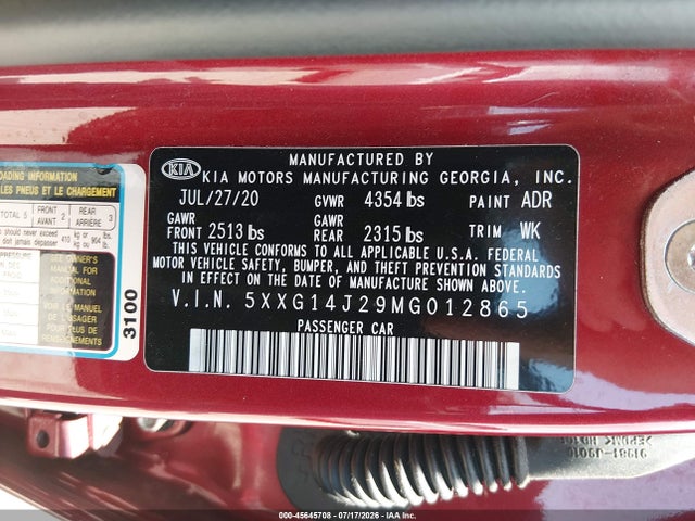 KIA K5 LXS 2021 5XXG14J29MG012865 Image 9