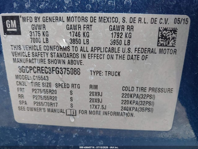 3GCPCREC3FG375088 Chevrolet Silverado 1500 1lt