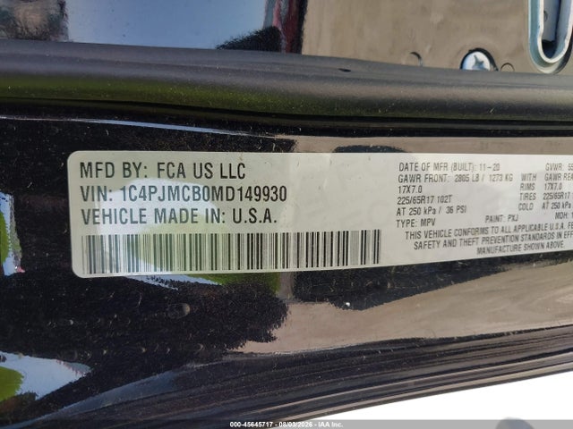 Aukcja sprzedaży 2021 Jeep Cherokee Latitude 4x4, vin: 1C4PJMCB0MD149930, numer aukcji: 45645717