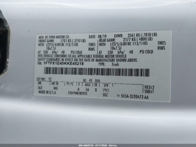 Ford F-150 Xl 2019 1FTFX1E45KKE45218 Image 9