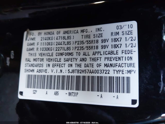 Aukcja sprzedaży 2010 Acura Rdx, vin: 5J8TB2H57AA003722, numer aukcji: 45645750