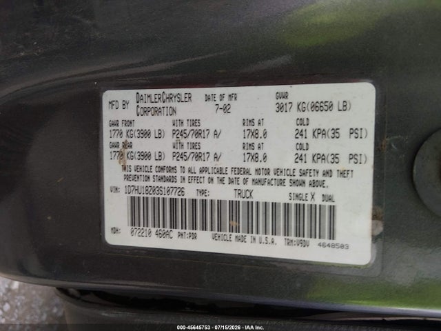 Aukcja sprzedaży 2003 Dodge Ram 1500 Slt/laramie/st, vin: 1D7HU18Z03S107726, numer aukcji: 45645753