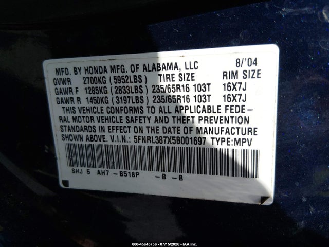 Aukcja sprzedaży 2005 Honda Odyssey Ex-l, vin: 5FNRL387X5B001697, numer aukcji: 45645756