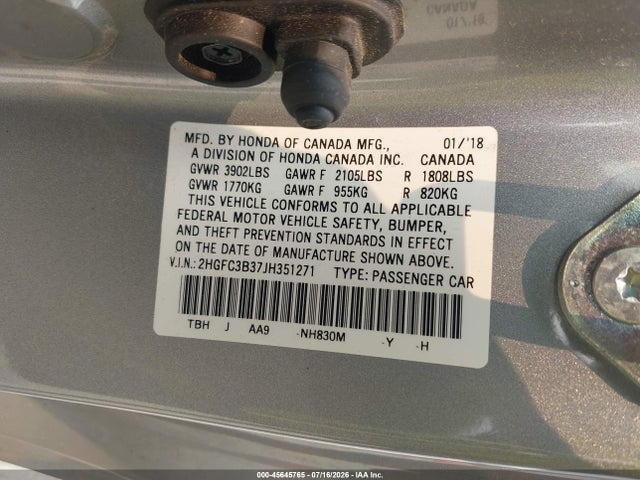 2HGFC3B37JH351271 Honda Civic Ex-t