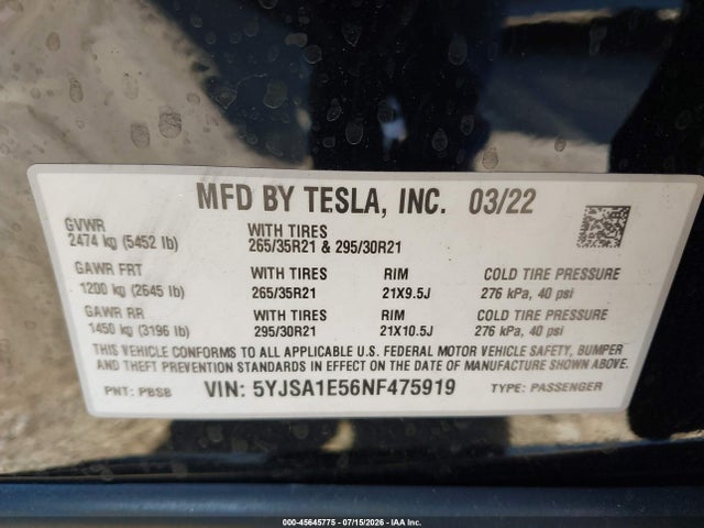 Продажа на аукционе авто 2022 Tesla Model S Dual Motor All-wheel Drive, vin: 5YJSA1E56NF475919, номер лота: 45645775