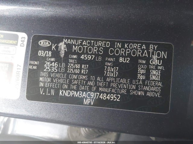 Продаж на аукціоні авто 2018 Kia Sportage Lx, vin: KNDPM3AC9J7484952, номер лоту: 45645780