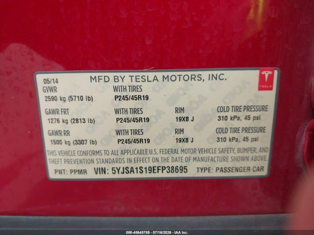Tesla MODEL S 2014 5YJSA1S19EFP38695 Image 9