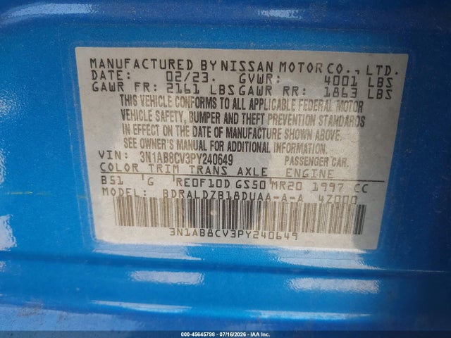 3N1AB8CV3PY240649 Nissan Sentra Sv Xtronic Cvt