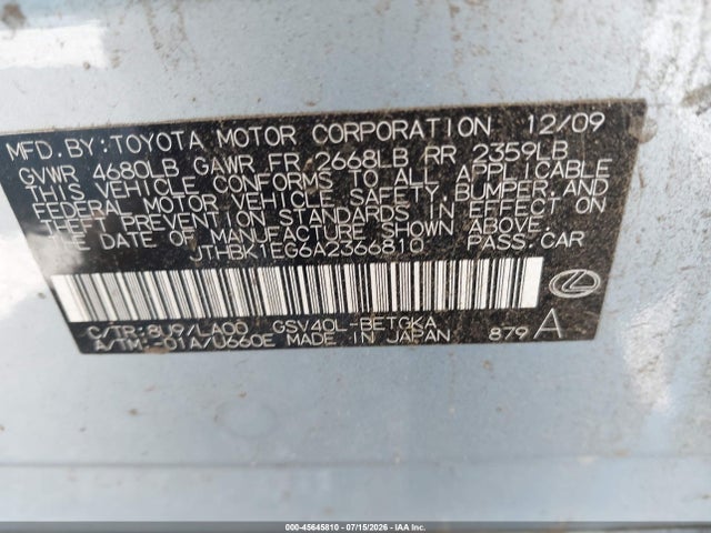 45645810 :رقم المزاد ، JTHBK1EG6A2366810 vin ، 2010 Lexus Es 350 مزاد بيع