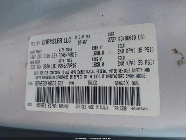 45645837 :رقم المزاد ، 1D7HE32K48S531650 vin ، 2008 Dodge Dakota Sxt/bighorn/lonestar مزاد بيع