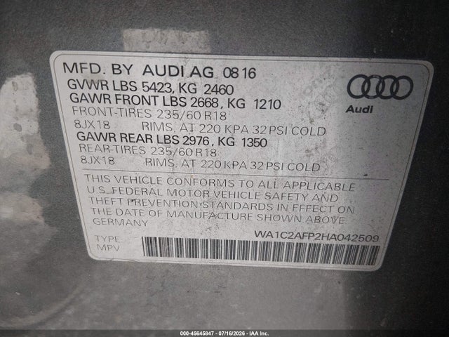 Продажа на аукционе авто 2017 Audi Q5 2.0t Premium, vin: WA1C2AFP2HA042509, номер лота: 45645847