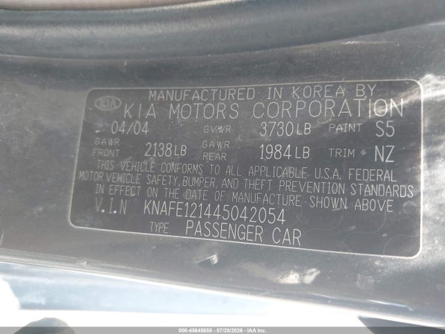 45645858 :رقم المزاد ، KNAFE121445042054 vin ، 2004 Kia Spectra Ex/lx مزاد بيع