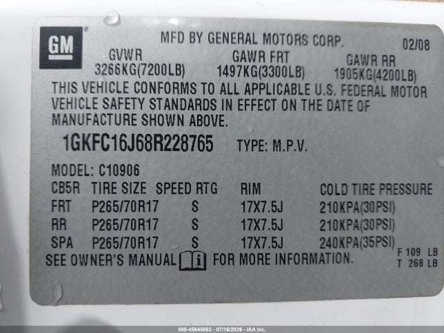 Aukcja sprzedaży 2008 Gmc Yukon Xl 1500 Slt, vin: 1GKFC16J68R228765, numer aukcji: 45645863