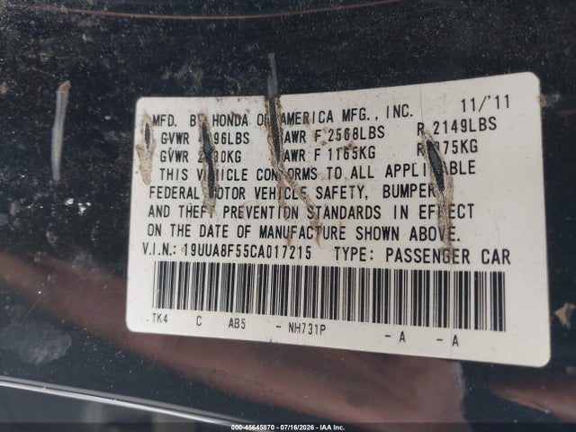 Продажа на аукционе авто 2012 Acura Tl 3.5, vin: 19UUA8F55CA017215, номер лота: 45645870