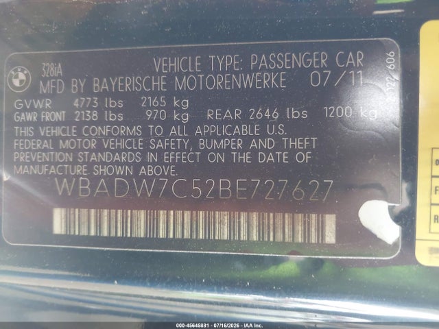 45645881 :رقم المزاد ، WBADW7C52BE727627 vin ، 2011 Bmw 328i مزاد بيع