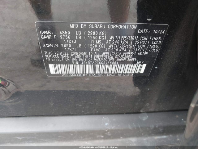 45645944 :رقم المزاد ، 4S4BTADC6S3168894 vin ، 2025 Subaru Outback Premium مزاد بيع