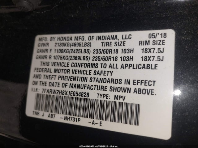 2018 Honda Cr-v Ex-l/ex-l Navi მანქანა იყიდება აუქციონზე, vin: 7FARW2H8XJE054828, აუქციონის ნომერი: 45645970