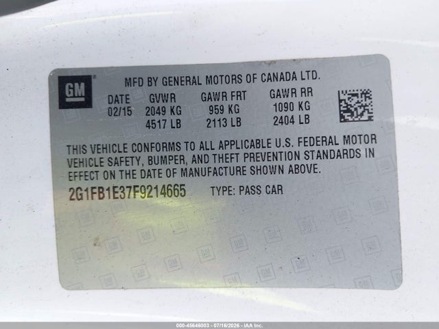 2015 Chevrolet Camaro 2ls მანქანა იყიდება აუქციონზე, vin: 2G1FB1E37F9214665, აუქციონის ნომერი: 45646003