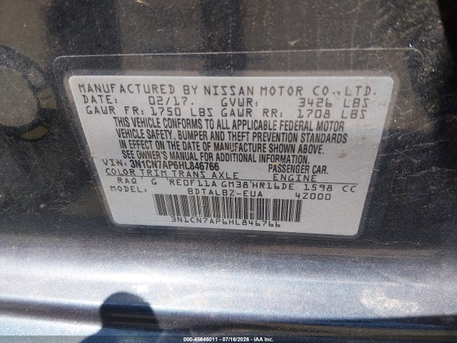 2017 Nissan Versa 1.6 Sv მანქანა იყიდება აუქციონზე, vin: 3N1CN7AP6HL846766, აუქციონის ნომერი: 45646011