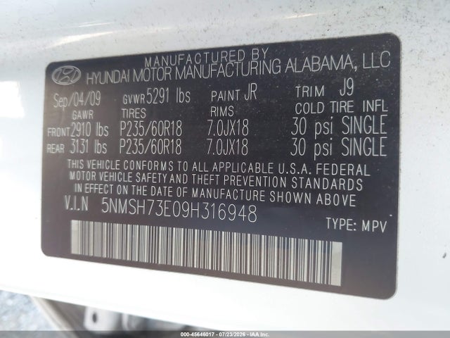 Продажа на аукционе авто 2009 Hyundai Santa Fe Se, vin: 5NMSH73E09H316948, номер лота: 45646017