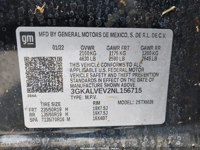 45646023 :رقم المزاد ، 3GKALVEV2NL156715 vin ، 2022 Gmc Terrain Awd Slt مزاد بيع