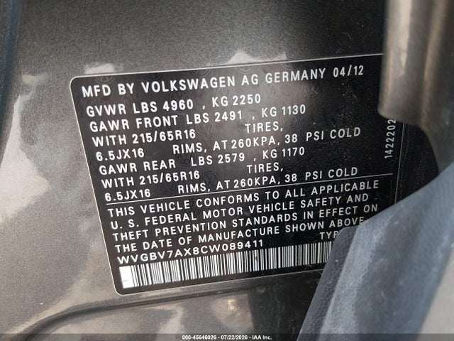 Продаж на аукціоні авто 2012 Volkswagen Tiguan S, vin: WVGBV7AX8CW089411, номер лоту: 45646026