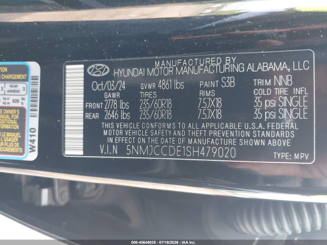 Aukcja sprzedaży 2025 Hyundai Tucson Sel Convenience, vin: 5NMJCCDE1SH479020, numer aukcji: 45646035