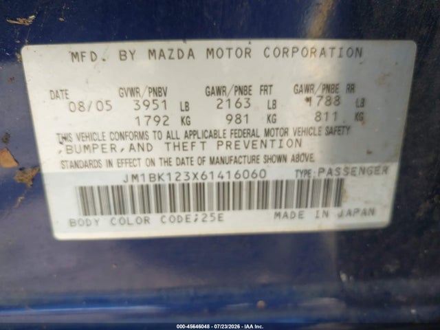 Продаж на аукціоні авто 2006 Mazda Mazda3 S, vin: JM1BK123X61416060, номер лоту: 45646048
