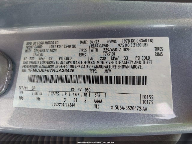 2022 Ford Escape S მანქანა იყიდება აუქციონზე, vin: 1FMCU0F67NUA26426, აუქციონის ნომერი: 45646065