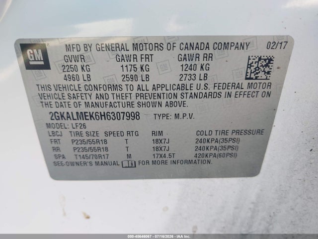 Aukcja sprzedaży 2017 Gmc Terrain Sle-1, vin: 2GKALMEK6H6307998, numer aukcji: 45646067