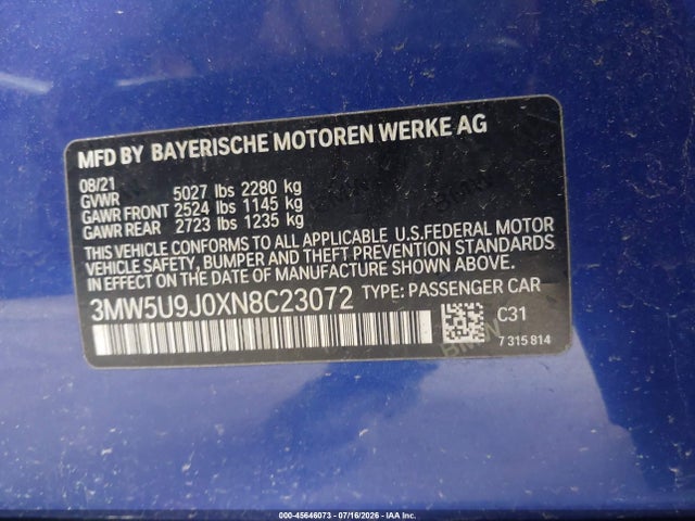 Продаж на аукціоні авто 2022 Bmw M340i M340i Xdrive, vin: 3MW5U9J0XN8C23072, номер лоту: 45646073